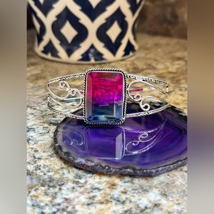 Silver Square Pink Blue Tourmaline Stone Bracelet
